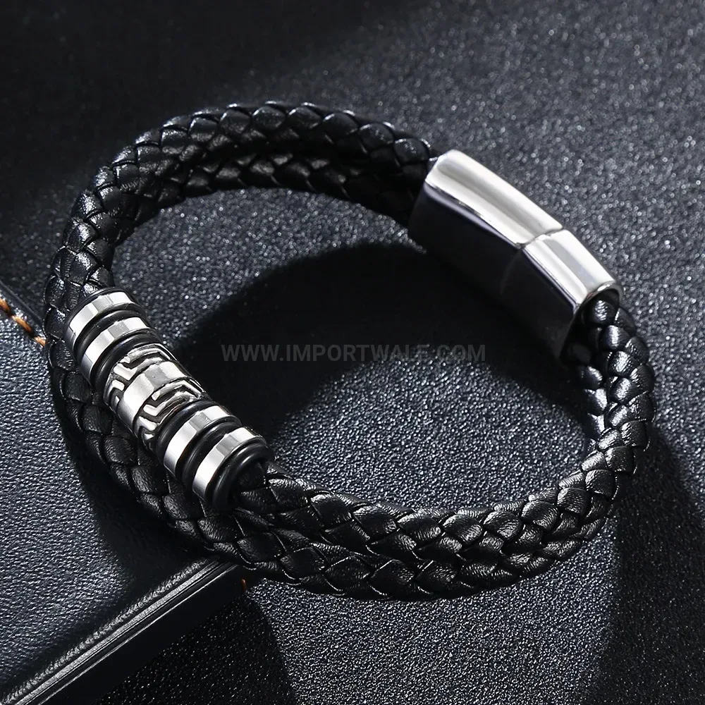 Double Strand Leather Magnet Clasp Stainless Steel Bracelet