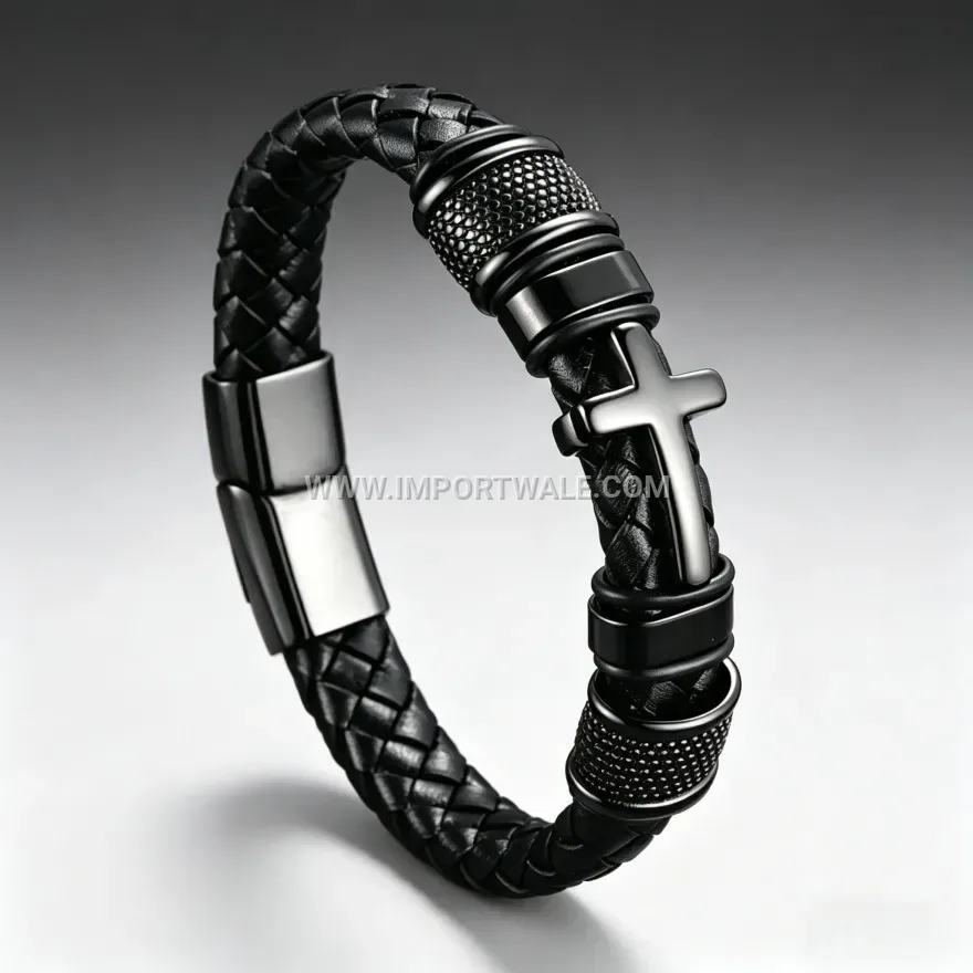 Multi-Ring Cross Accent Leather Wristband With Magnetic Clasp