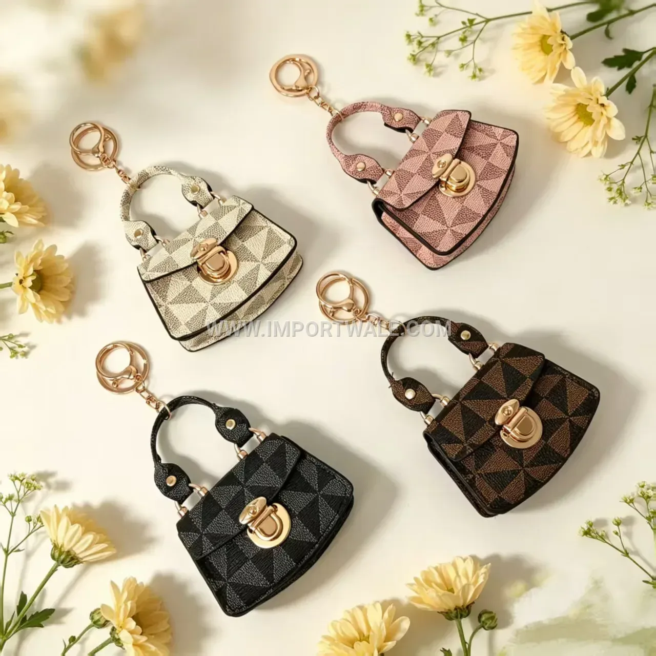 Striped PU Leather Mini Keychain Pouch Charm