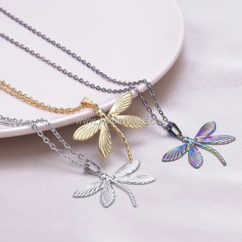 Gold Plated Dragonfly Charm Stainless Steel Pendant Necklace