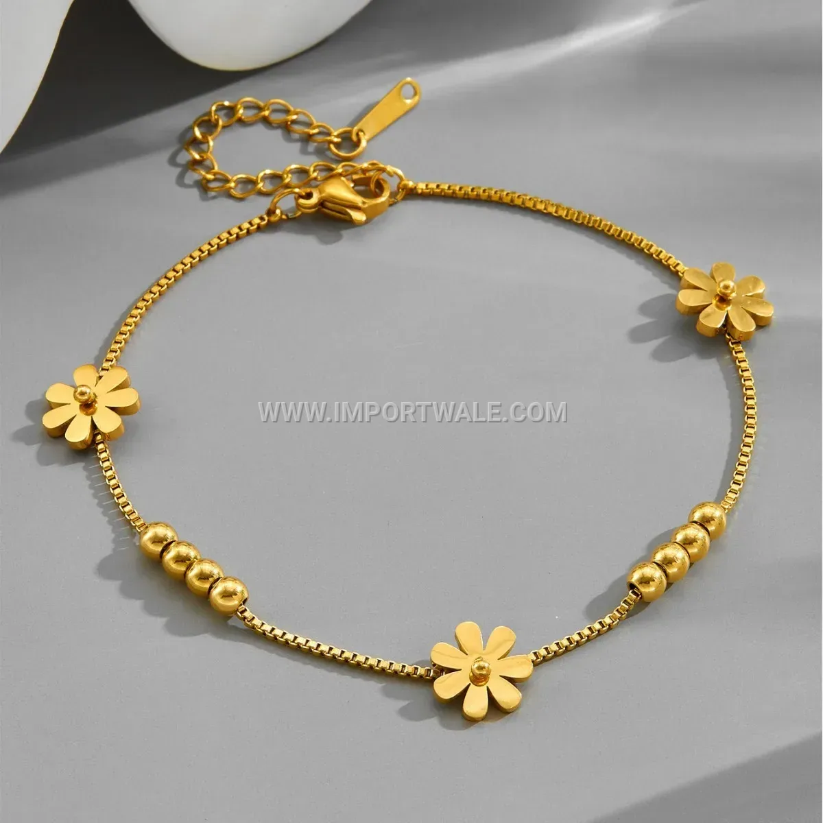 Delicate Daisy Bead Accent Gold Toned Premium Anklet Anti Tarnish
