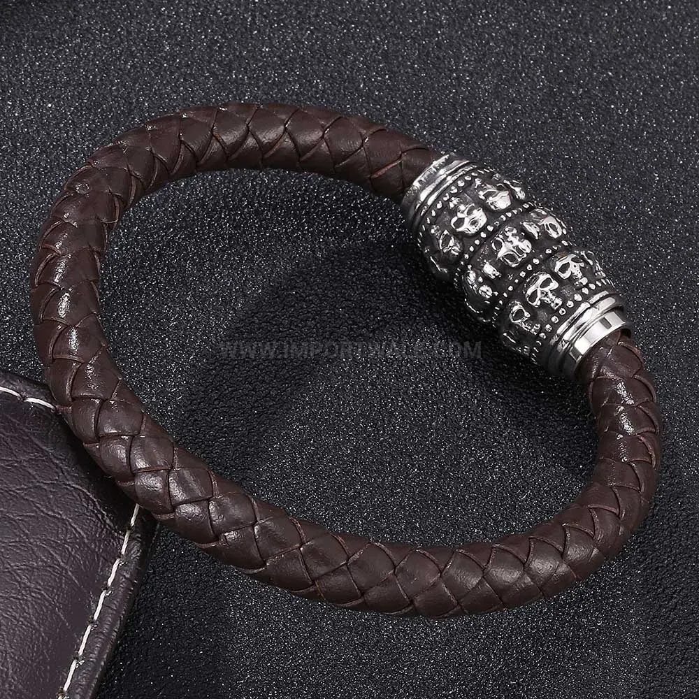 Classic Woven Leather Skull Bracelet with Stainless Steel Magnetic Clasp