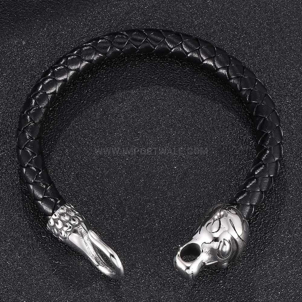 Bold Men's Stainless Steel Snake Clasp Woven Leather Bracelet