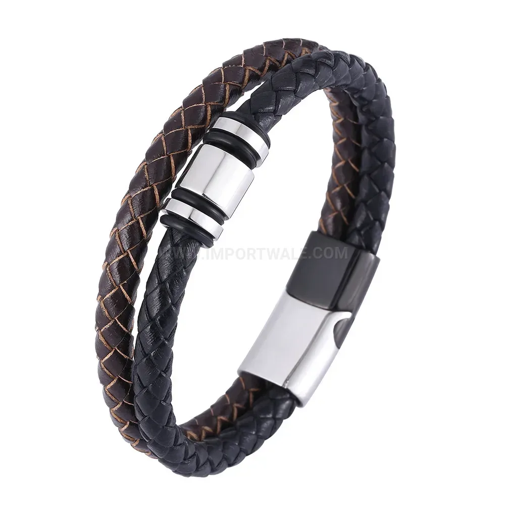 Multi Strand Leather Beaded Bracelet with Stainless Steel Details
