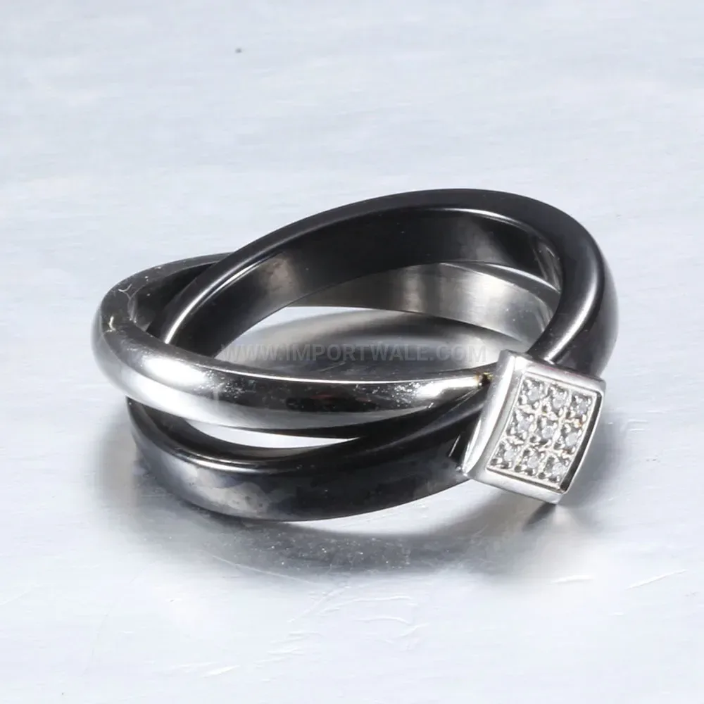 Crossed Black Ceramic and Stainless Steel Zircon Ring