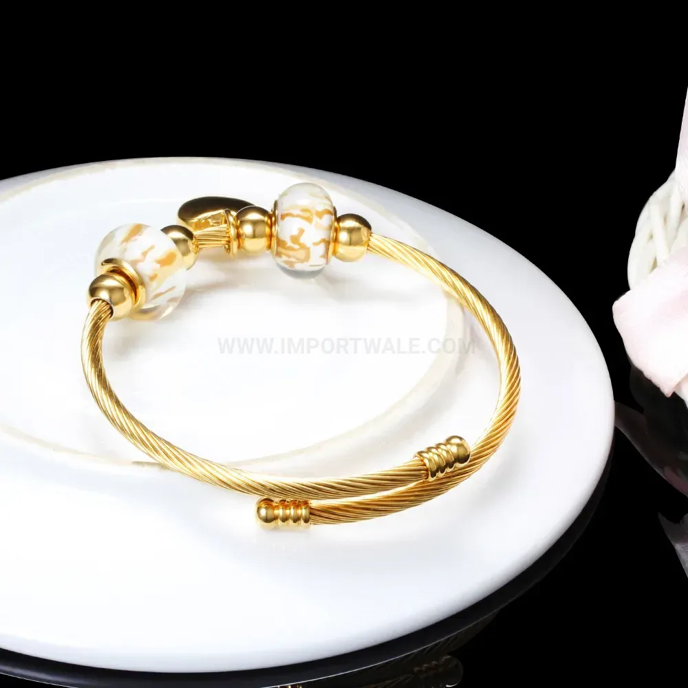 Designer Beaded Heart Charm Stainless Steel Bangle Bracelet