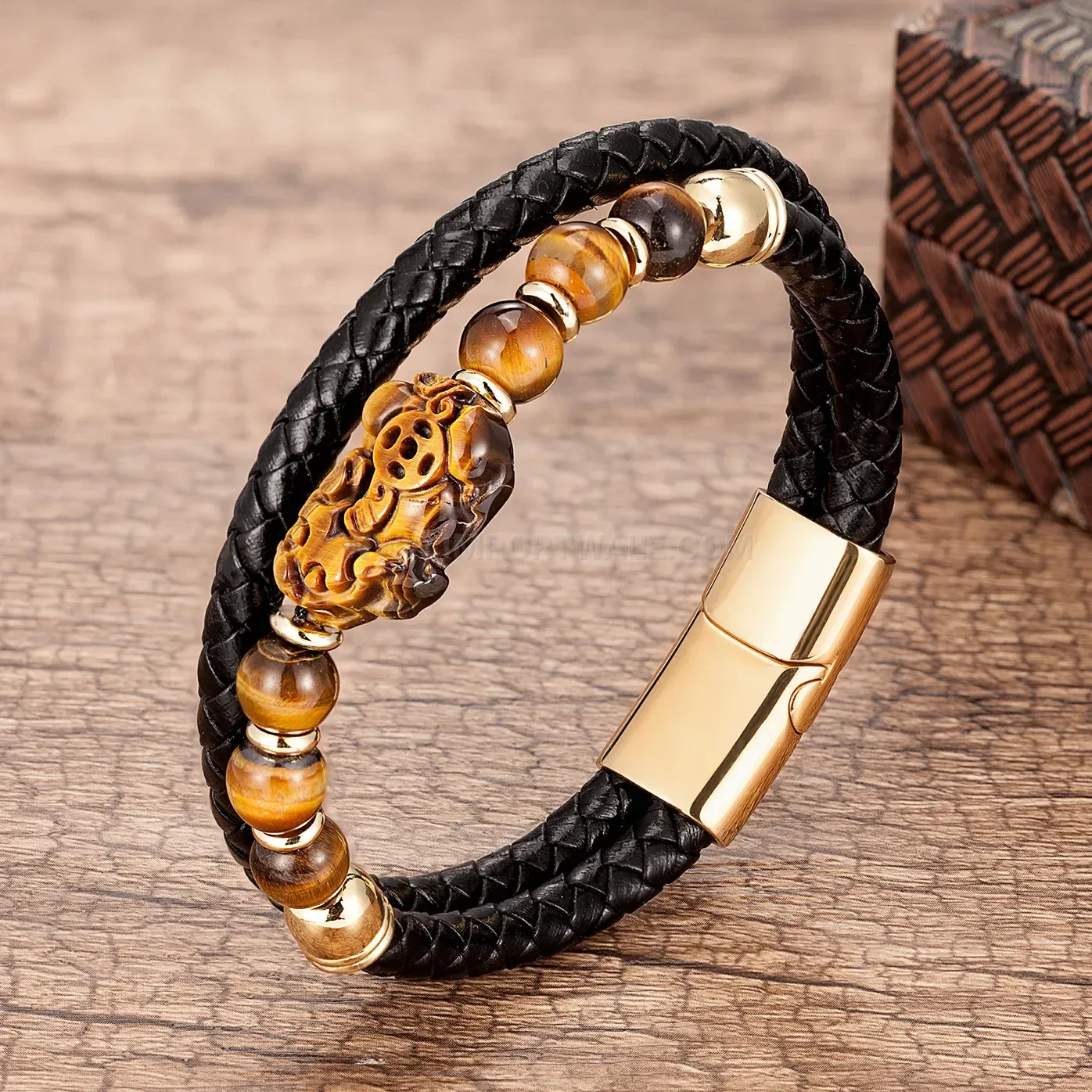 Handmade Braided Leather Pixiu Natural Stone Bracelet