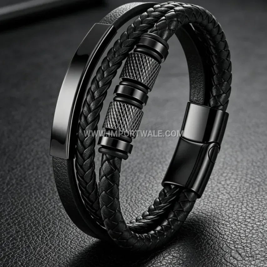 Braided Leather and Stainless Steel Magnetic Charm Bracelet