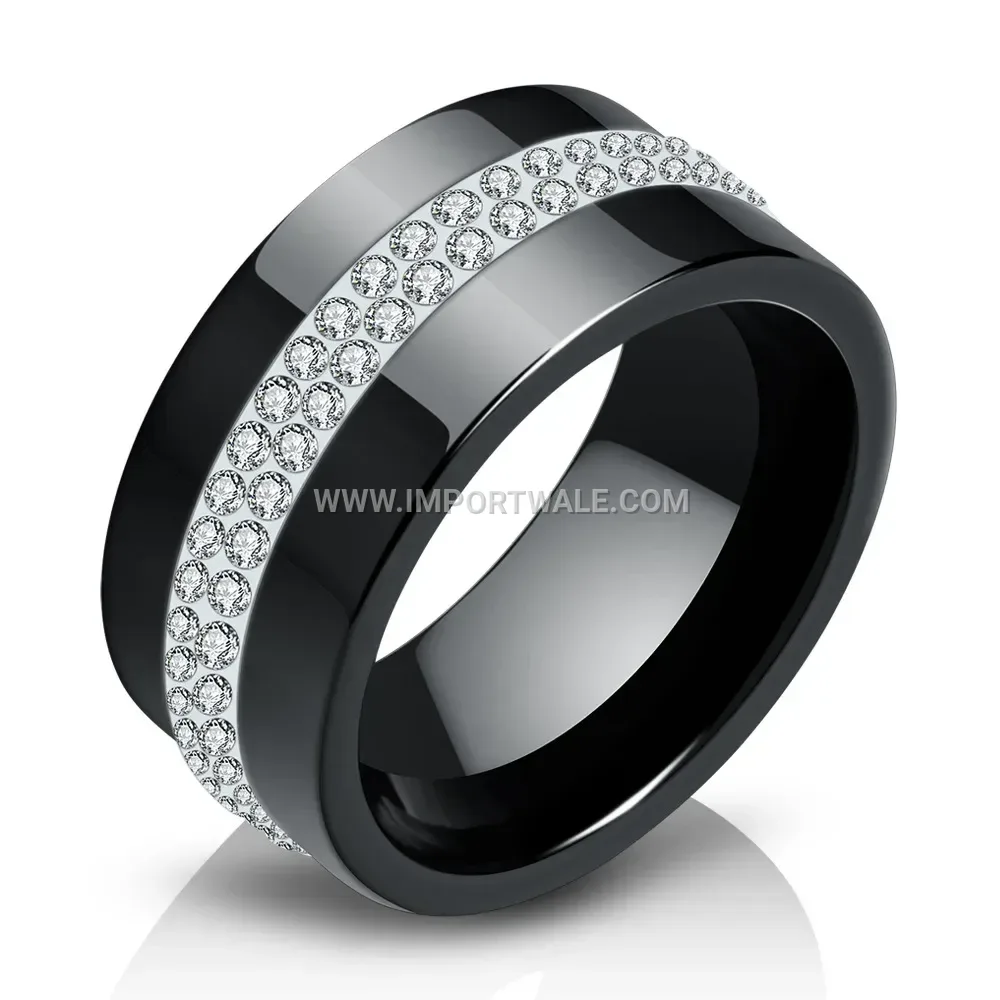 Double-Row Crystal Inlaid 10mm Wide Ceramic Ring