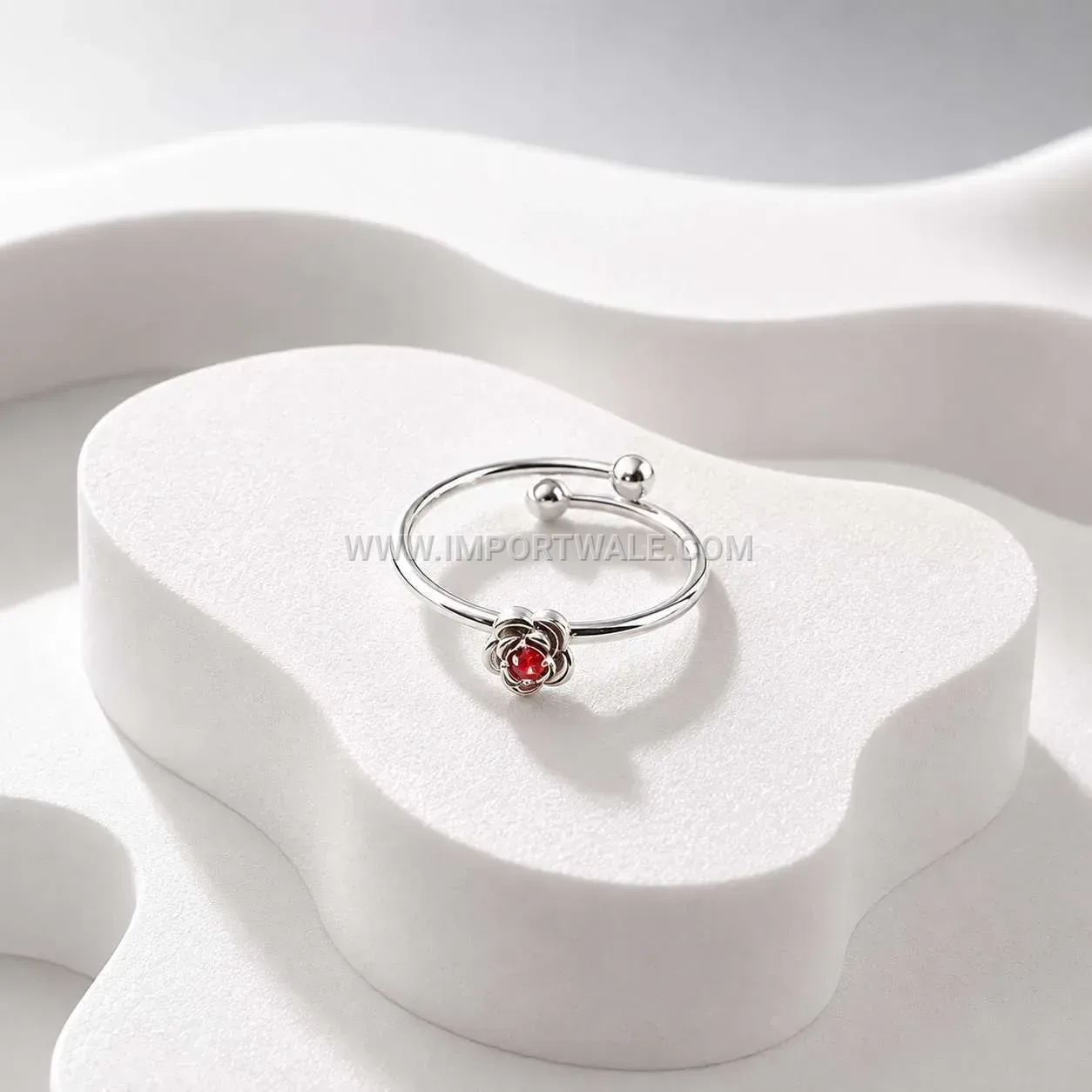 Adjustable Rose Red Crystal Stainless Steel Open Ring