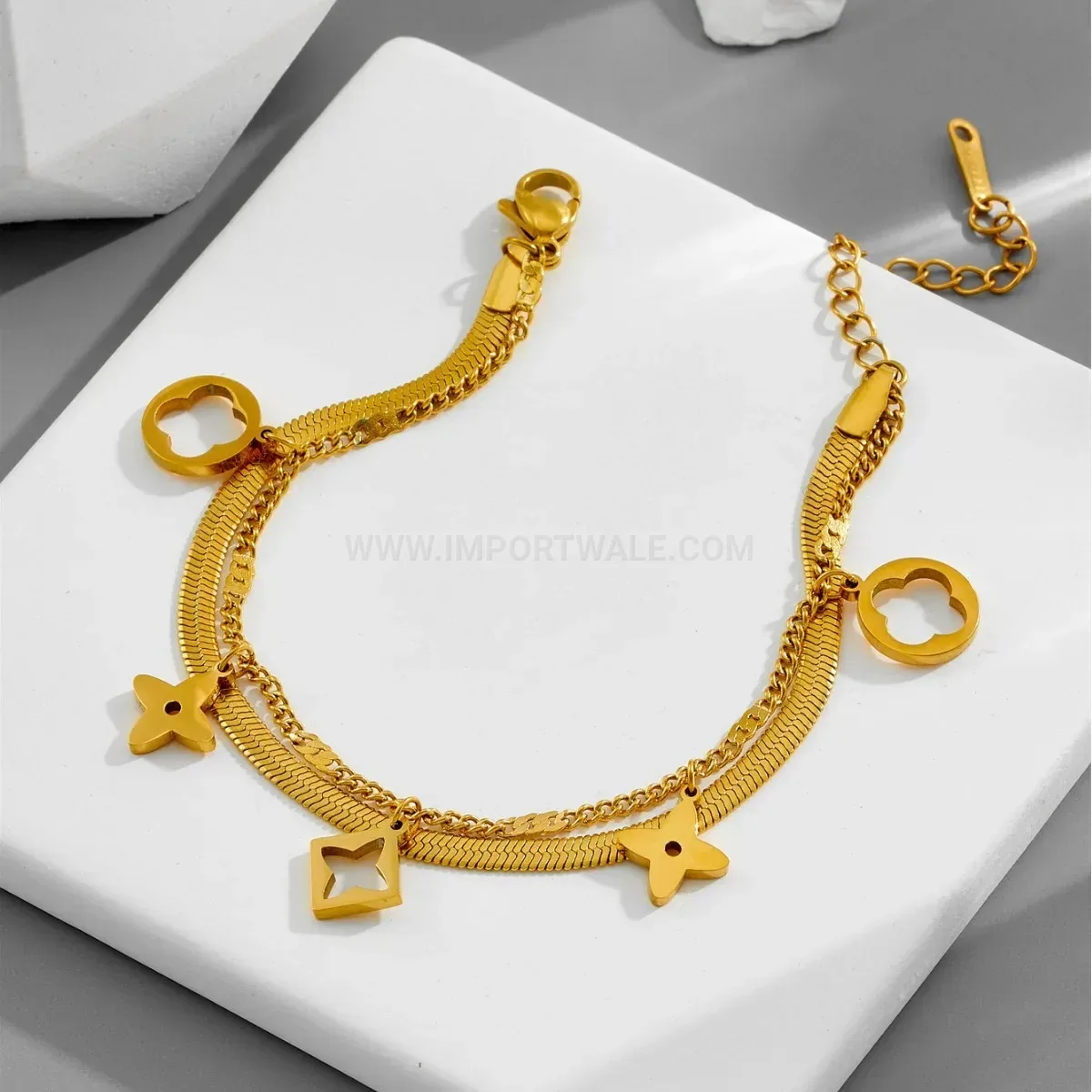 Classic Hollow Four Leaf Clover Layered Titanium Steel Bracelet