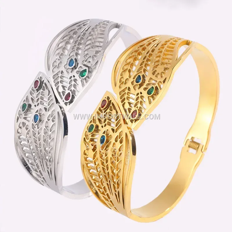 Hollow Leaf Rhinestone Stainless Steel Open Elastic Bangle