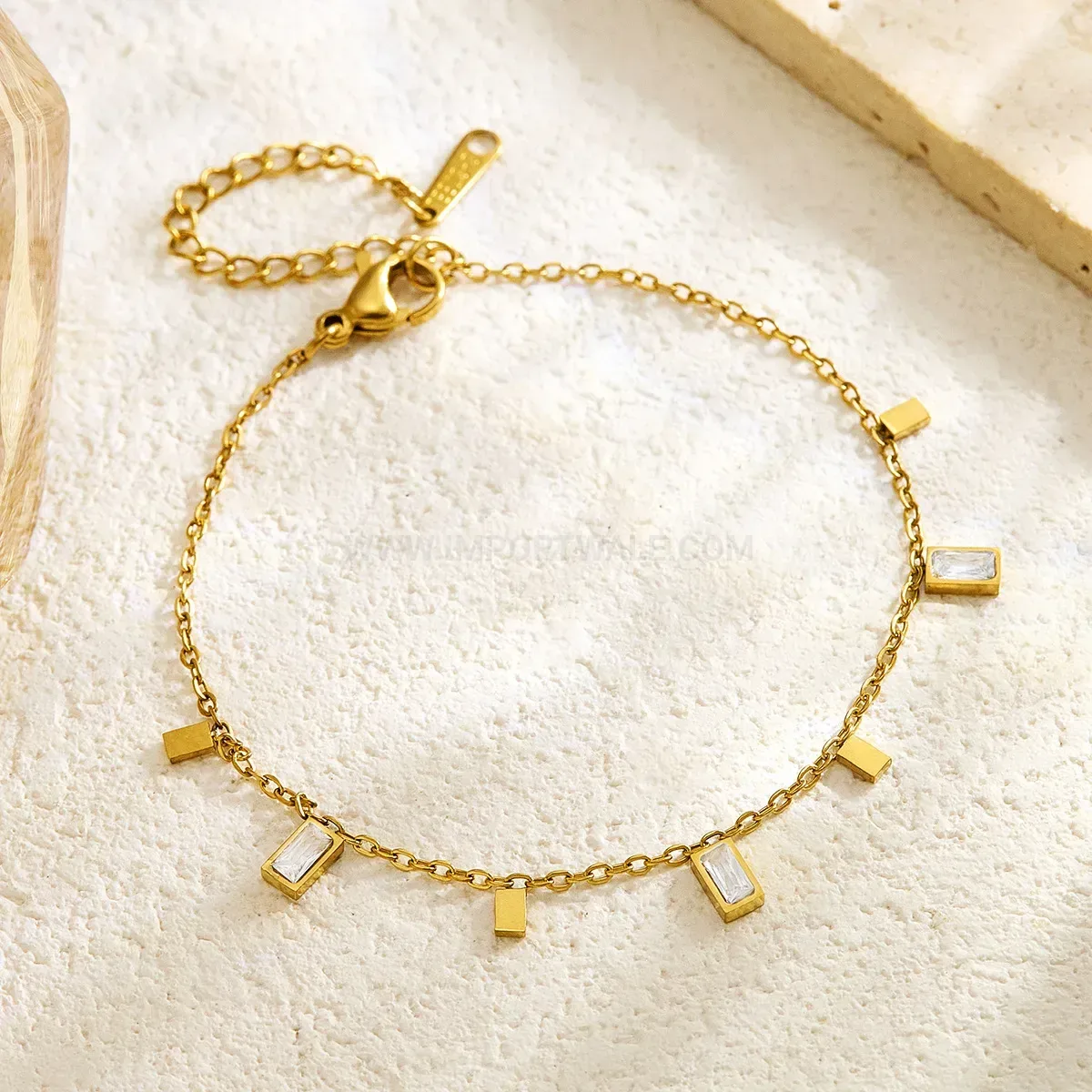 Gold Plated Stainless Steel Square Crystal Charm Bracelet