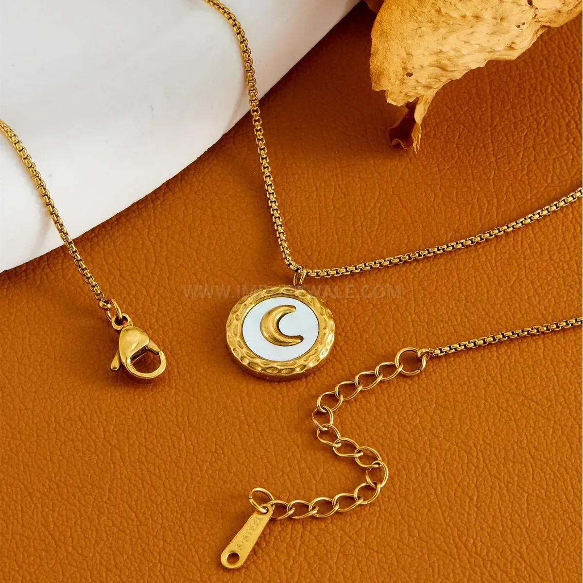 Trendy Gold Titanium Steel White Shell Moon Pendant Snake Chain Necklace
