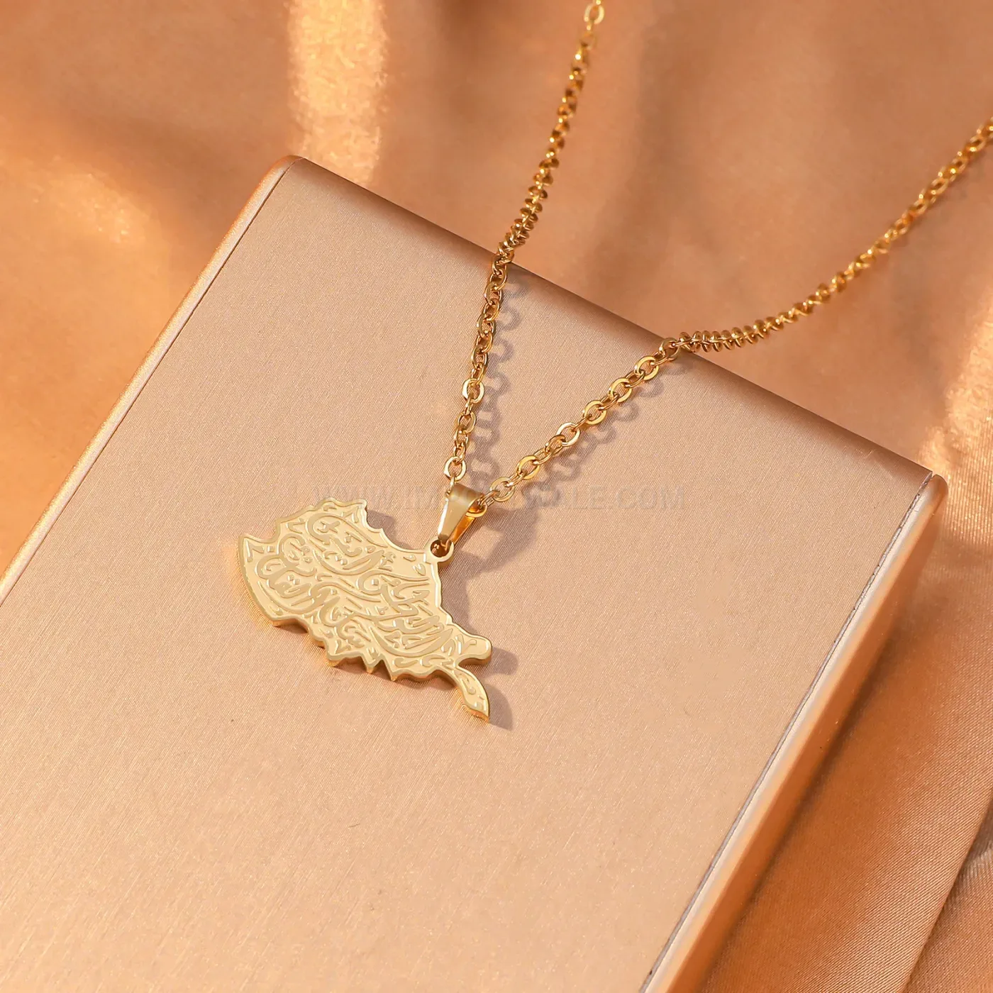 Gold Plated Stainless Steel Palestine Map Arabic Calligraphy Necklace