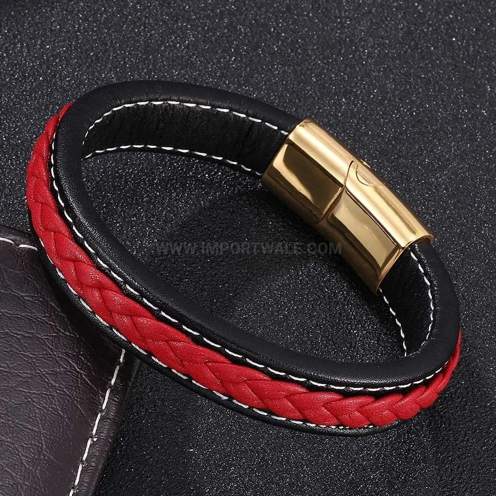 Gold Tone Stainless Steel Chain and Wrapped Leather Bracelet