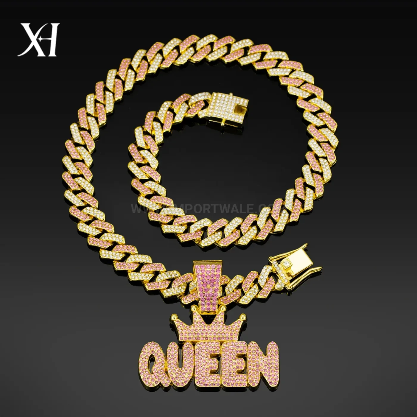 Pink Rhinestone Crown Queen Hip Hop Pendant Necklace