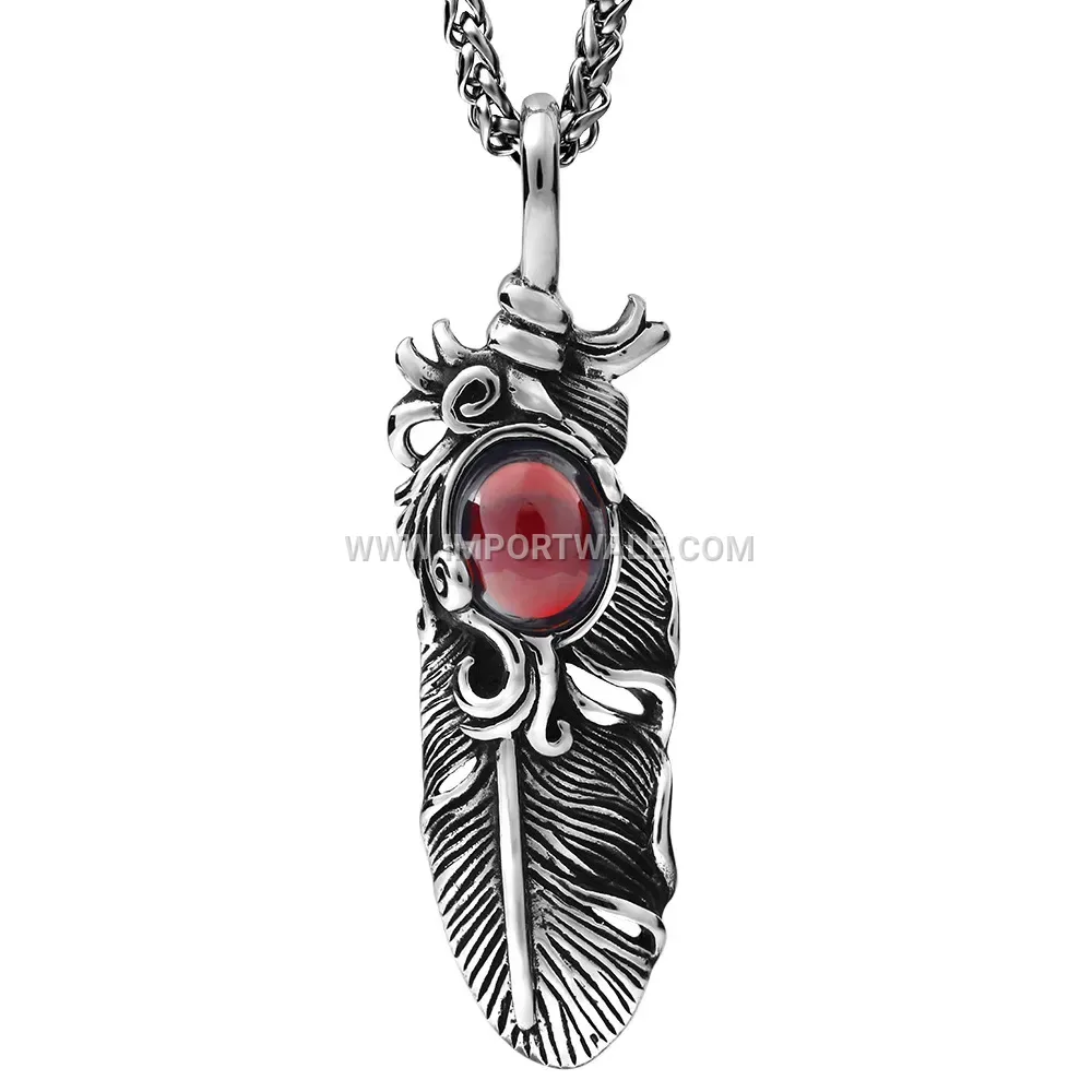 Vintage Distressed Feather Stainless Steel Pendant Necklace for Men