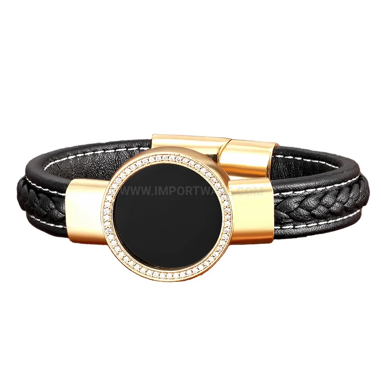 Braided Leather Stone Bracelet with Zircon Inlay and Stainless Clasp