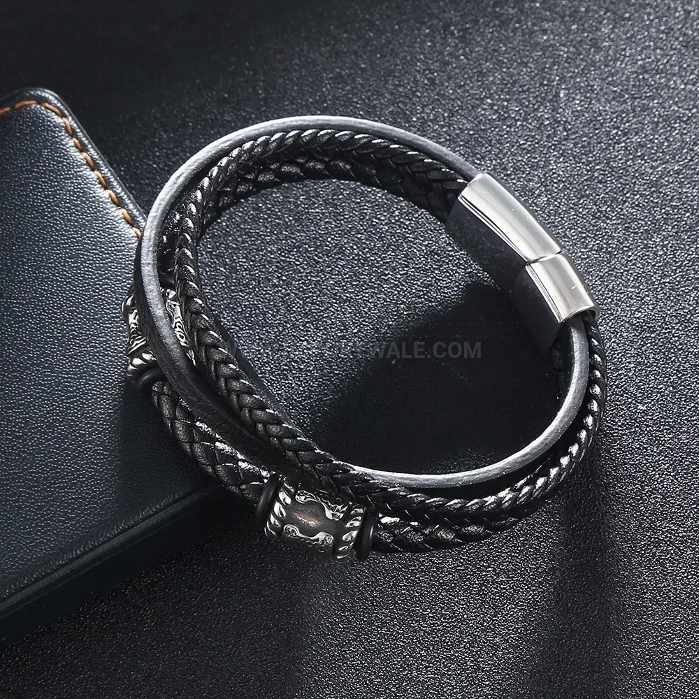 Multi Layer Braided Leather Wristband with Stainless Steel Clasp