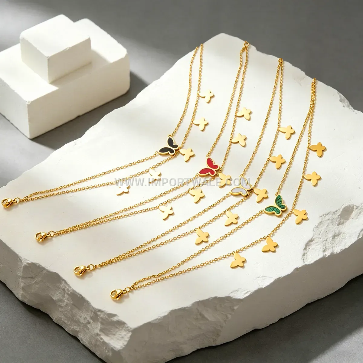 Layered Stainless Steel Butterfly Mother of Pearl Anklet and Bracelet Collection
