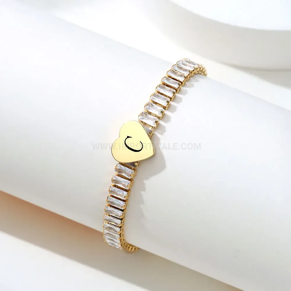Cubic Zirconia Heart Alphabet Initial Stainless Steel Bracelet