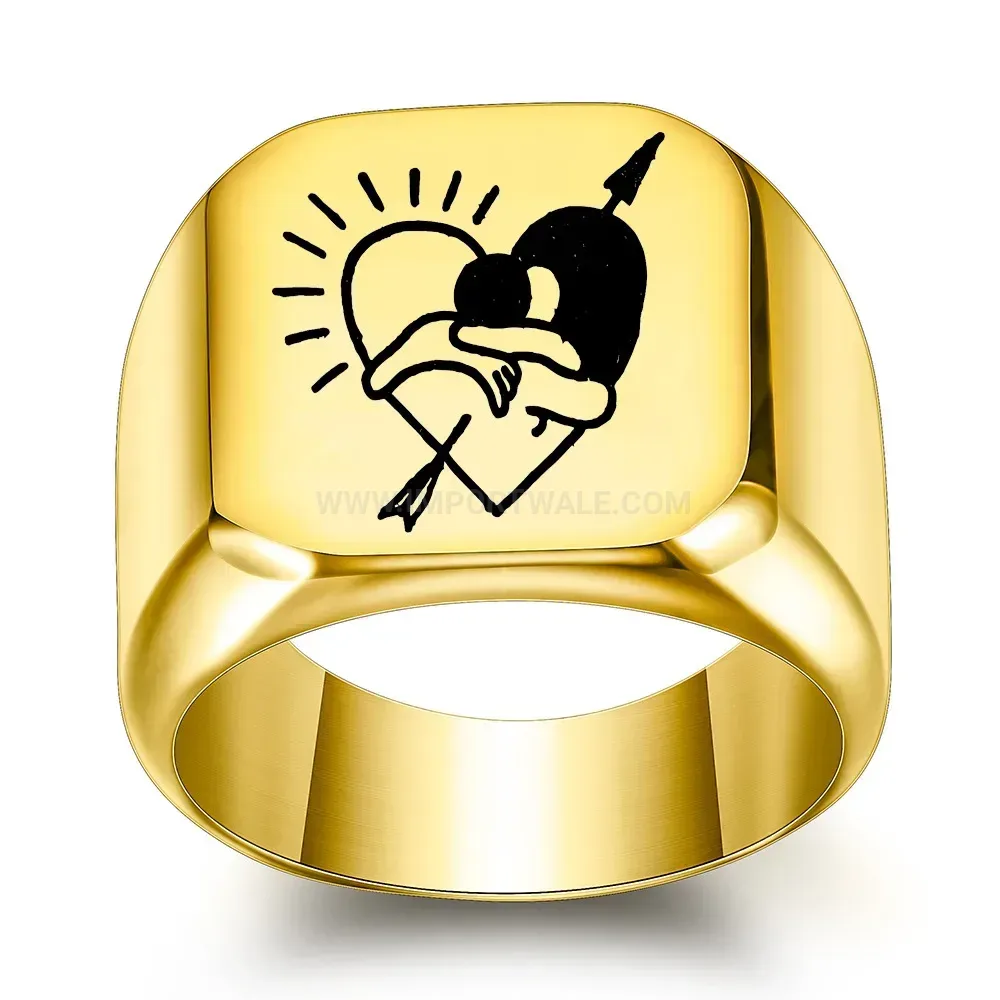 Bold Arrow Heart Engraved Stainless Steel Square Band Ring