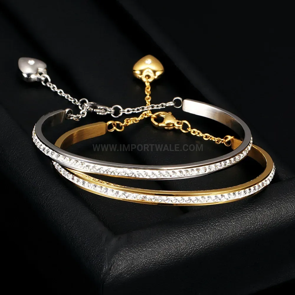 Elegant Rhinestone Encrusted Heart Adjustable Stainless Steel Open Bangle