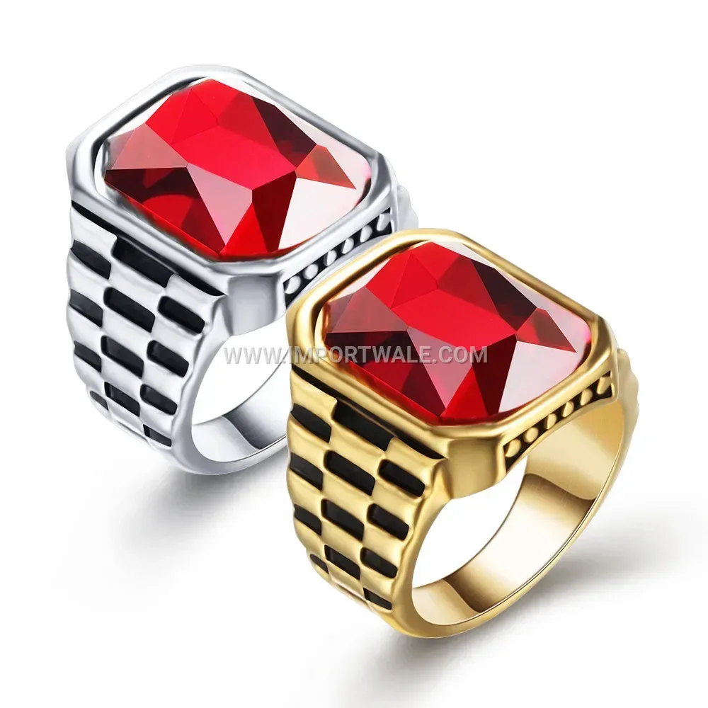 Retro Stainless Steel Ruby Accent Band Ring