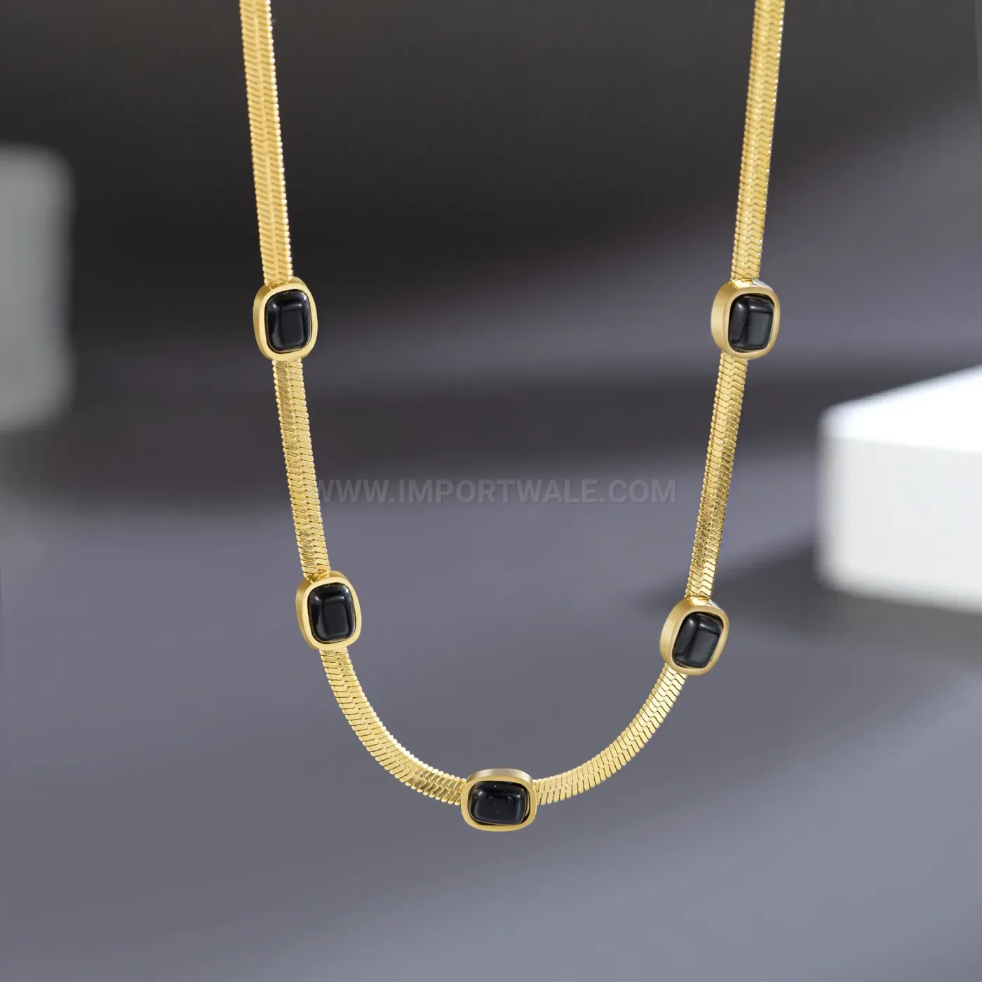 Classic Sleek Titanium Steel Snake Chain Necklace with Black Rhinestone Accent