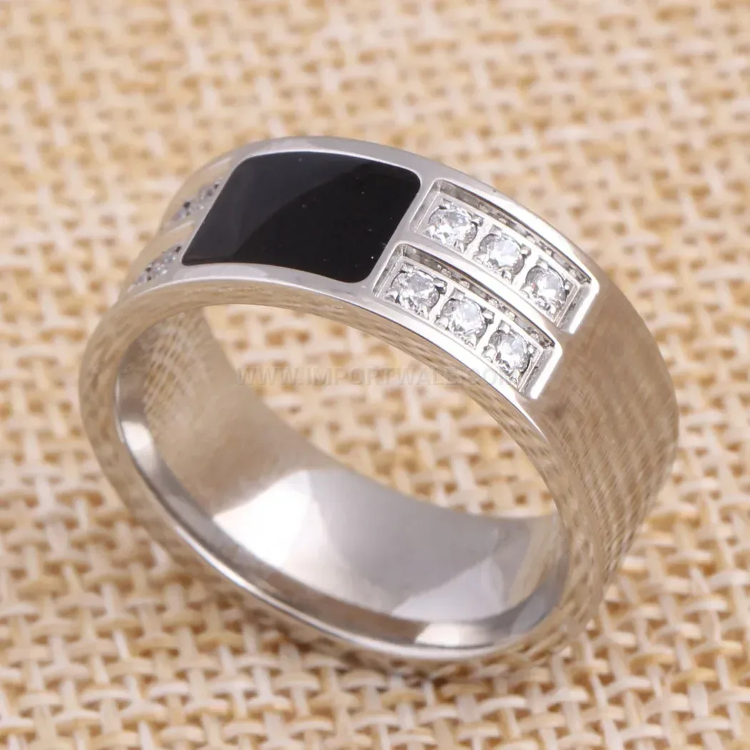 Black Enamel Stainless Steel Ring with Zircon Accent