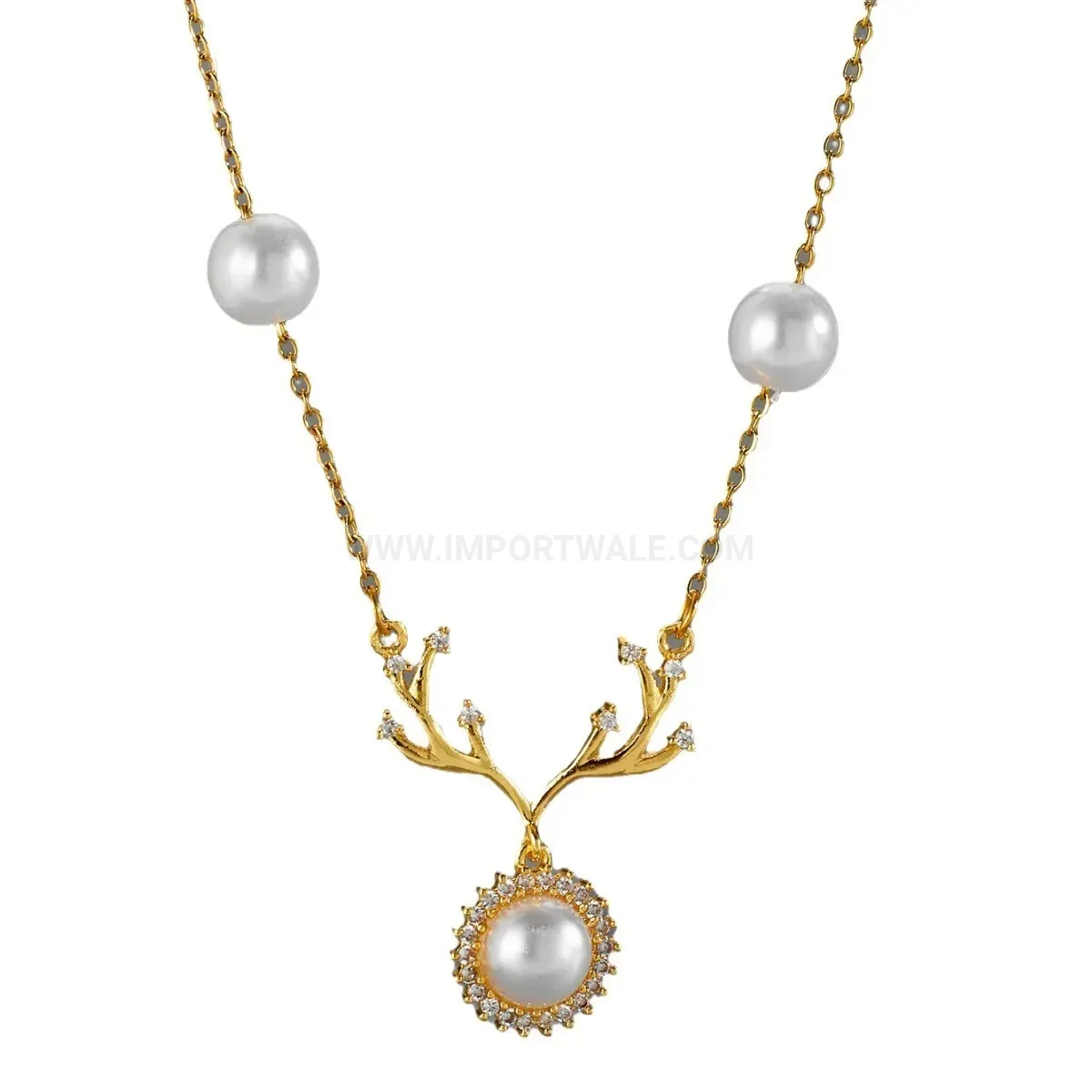 Premium Gold Plated Antler Pendant Necklace with Pearl Accent and Zirconia