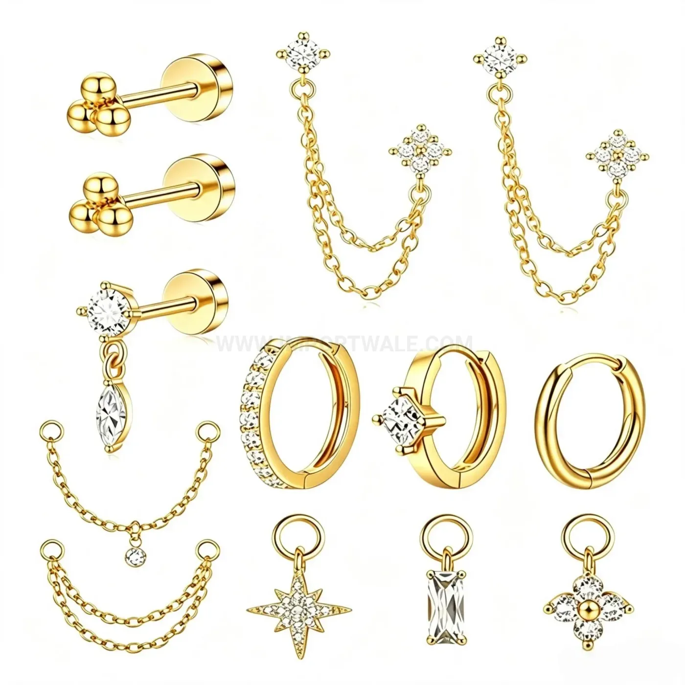 Modern Delicate Cubic Zirconia Stainless Steel Huggie and Cartilage Earring Set