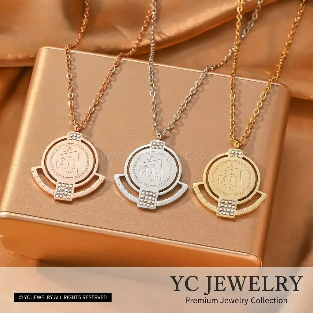 Stainless Steel Iced Out Cubic Zirconia Allah Medallion Pendant Necklace