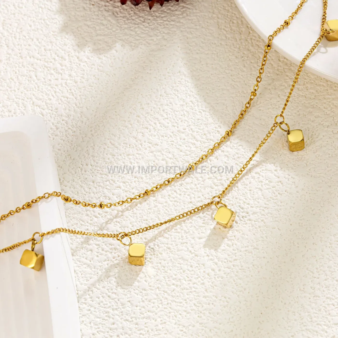 Double Layer Geometric Cube Stainless Steel Anklet Gold