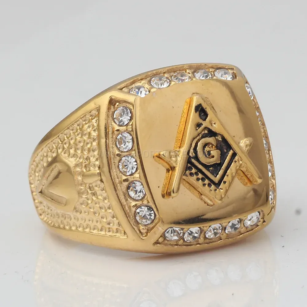 Designer Gold-Plated Stainless Steel Square Emblem Ring with Crystals