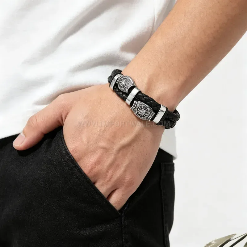 Designer Viking Sun Wheel Leather Bracelet with Magnetic Clasp