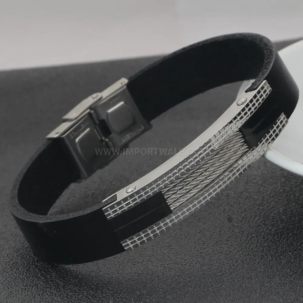 Retro 11mm Stainless Steel Two-Tone Black Leather Cord Bracelet
