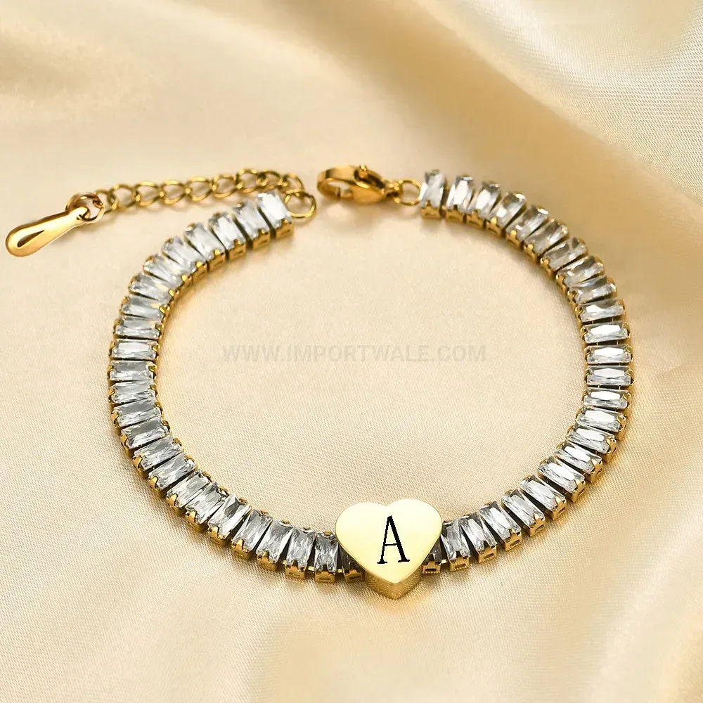 Cubic Zirconia Heart Alphabet Initial Stainless Steel Bracelet