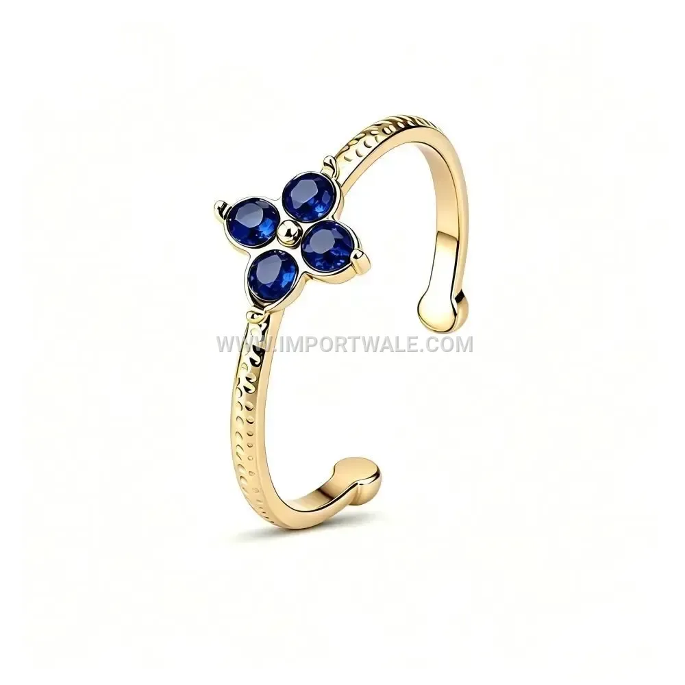 Hammered Textured Stainless Steel Open Floral Cocktail Ring With Zircon