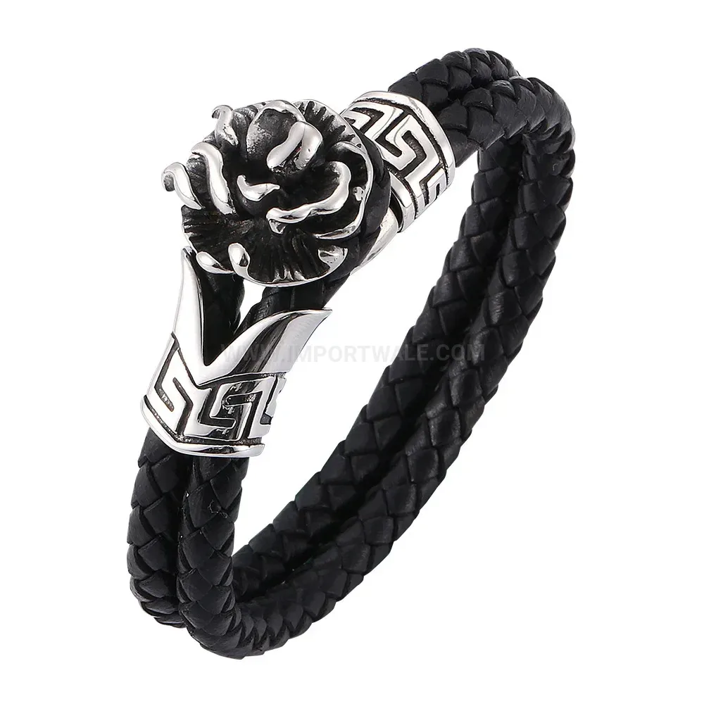 Vintage Camellia Stainless Steel Braided Leather Bracelet