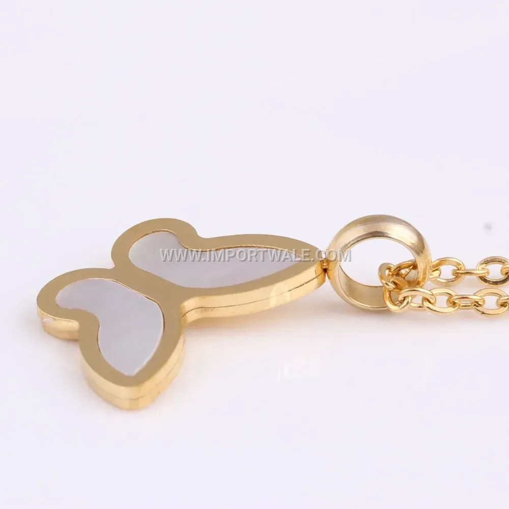 Gold Stainless Steel Shell Inlaid Butterfly Pendant Necklace