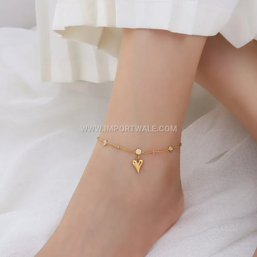 Heart V-Shape Rhinestone Anti Tarnish Stainless Steel Anklet