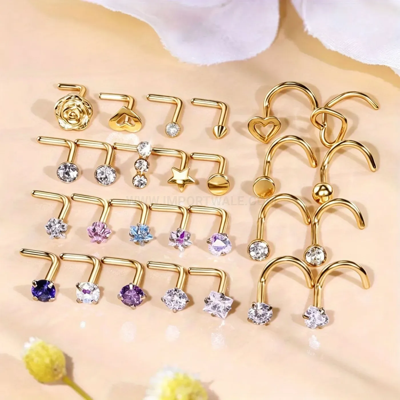 Bold Delicate Gemmed L-Shaped Stainless Steel Nose Stud Set