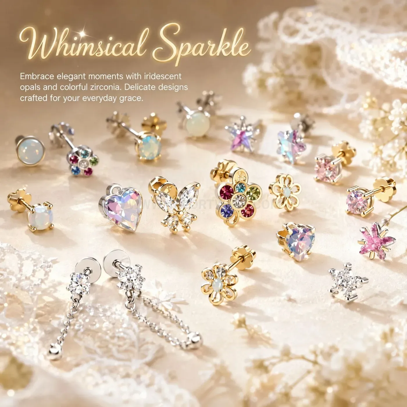 Fashion Flat Back Stainless Steel Piercing Stud with Opal and Zirconia