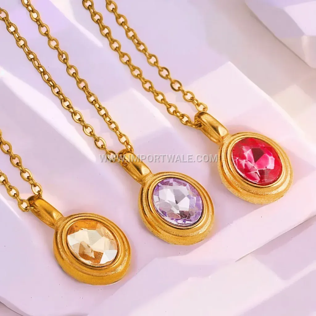 Gold Tone Titanium Steel Oval Gemstone Link Chain Necklace
