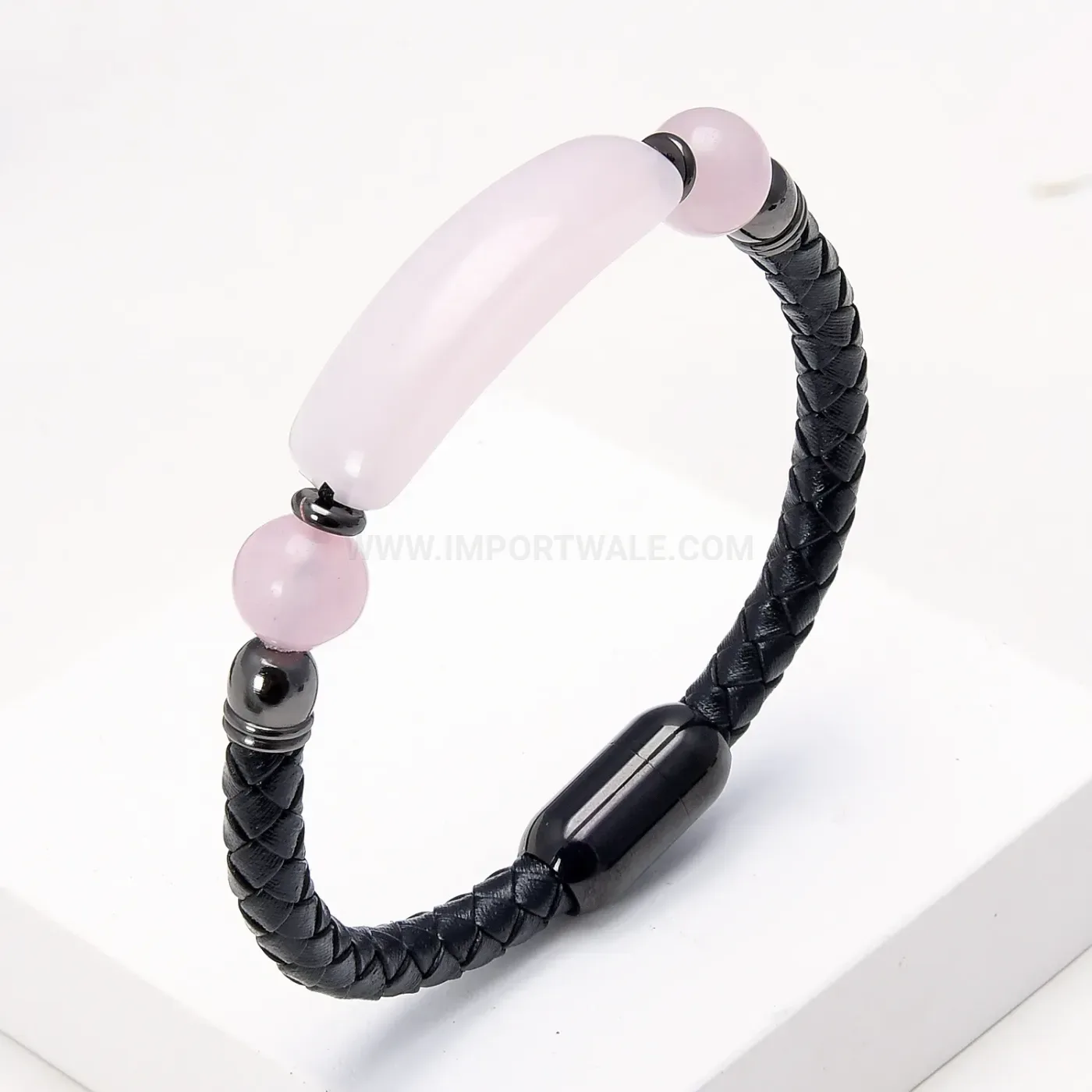 Woven Leather Stone Bracelet with Stainless Steel Clasp
