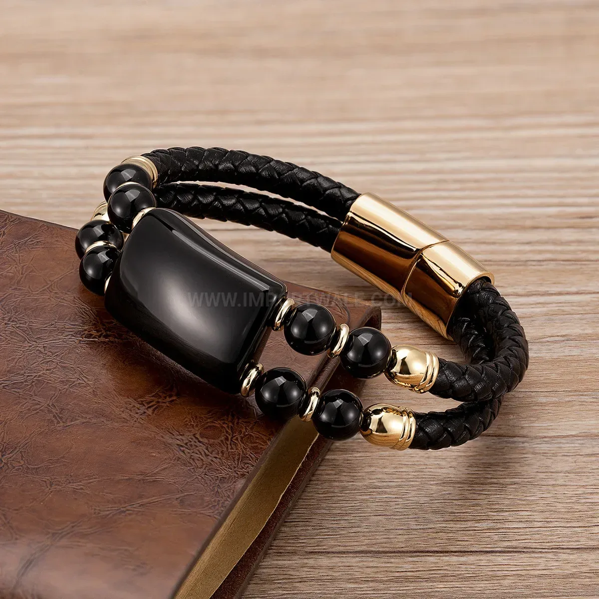 Double Strand Woven Leather Bracelet with Natural Stones