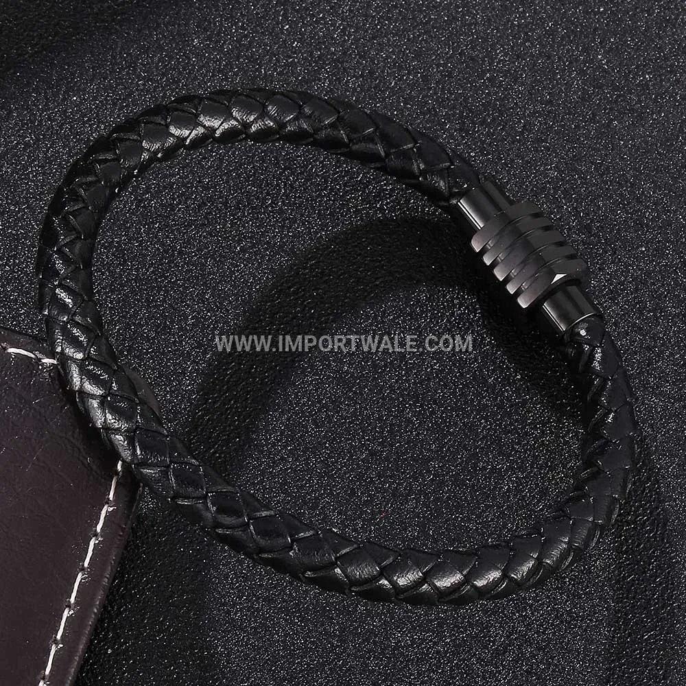 Woven Leather Magnetic Stainless Steel Bracelet for Men