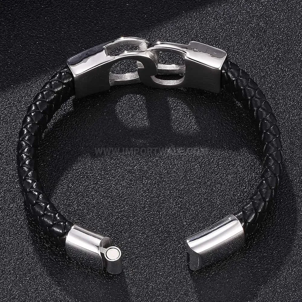 Premium Handcuff Charm Braided Leather and Stainless Steel Bracelet